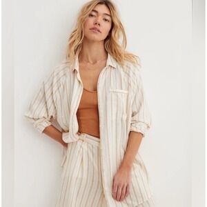 Aerie Pool to Party Striped Linen Button Down Shirt coverup Relaxed‎ oversized